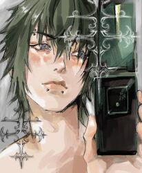 1boy blush cellphone emo_fashion eyebrow_piercing final_fantasy final_fantasy_xv flip_phone green_hair greyscale hair_between_eyes highres lip_piercing lips looking_at_phone male_focus mirror_selfie monochrome noctis_lucis_caelum phone piercing short_hair solo v3raxyy