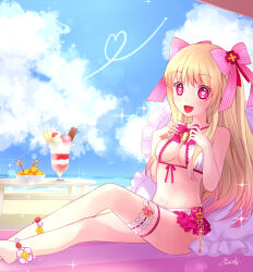 1girl ahira_yuzu alternate_costume beach blonde_hair breasts chaos_marie_(grimms_notes) cloud cloudy_sky grimms_notes long_hair medium_breasts ocean sky solo swimsuit