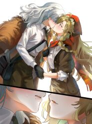 2girls absurdres after_kiss arm_out_of_sleeve bag bead_necklace beads black_bag black_gloves blonde_hair blue_eyes blush brown_coat brown_jacket brown_pants brown_skirt clothes_grab coat collared_shirt fang flower from_side fur-trimmed_coat fur_trim gloves green_necktie hair_flower hair_ornament headscarf highres holding_hands jacket jewelry kiss long_hair multiple_girls necklace necktie necktie_grab neckwear_grab pants profile red_headscarf red_scarf reverse:1999 saliva saliva_trail scarf shirt shoulder_bag skirt sweat upper_body vila_(reverse:1999) white_background white_flower white_hair white_shirt windsong_(reverse:1999) yuha6666 yuri