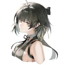 1girl =_hair_ornament antenna_hair bare_shoulders black_hair breasts closed_mouth colored_inner_hair earrings eyeliner female_rover_(wuthering_waves) highres hiyaori_(hiyahiyaval) jewelry large_breasts long_hair looking_to_the_side makeup multicolored_hair red_eyeliner ribbon rover_(wuthering_waves) sideboob smile solo triangle_earrings unfinished white_background wuthering_waves yellow_eyes yellow_ribbon