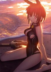 1girl arm_support bare_arms bare_legs bare_shoulders barefoot beach black_hair black_one-piece_swimsuit breasts bright_pupils bullet cleavage_cutout closed_mouth clothing_cutout fate/grand_order fate_(series) full_body game_cg gun hair_between_eyes hair_wings halterneck looking_at_viewer medium_breasts ocean official_art one-piece_swimsuit ortlinde_(fate) ortlinde_(swimsuit_assassin)_(fate) red_eyes sand short_hair side_cutout sitting smile solo sunset swimsuit takeuchi_takashi third-party_source valkyrie_(fate) wariza waves weapon weapon_request wet white_pupils