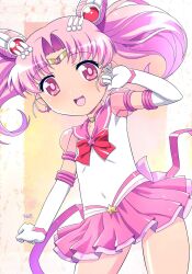 Rule 34 | 1girl, :d, arm at side, bishoujo senshi sailor moon, bow, chibi usa, choker, double bun, earrings, elbow gloves, super sailor chibi moon (stars), gloves, hair bun, hair ornament, hand up, highres, himehachi (hime8manga), jewelry, leotard, lone nape hair, open mouth, pink bow, pink choker, pink eyes, pink hair, pink sailor collar, pink shirt, puffy short sleeves, puffy sleeves, red bow, ribbon, sailor chibi moon, sailor collar, shirt, short hair, short sleeves, signature, smile, solo, standing, star (symbol), star earrings, teeth, upper teeth only, white leotard