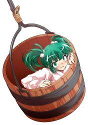 1girl alphes_(style) blush bucket commentary_request dairi full_body green_eyes green_hair hair_bobbles hair_ornament in_bucket in_container japanese_clothes kimono kisume large_variant_set long_sleeves open_mouth parody short_hair solo style_parody tachi-e tears touhou transparent_background twintails variant_set white_kimono wooden_bucket