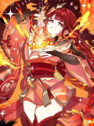 1girl absurdres alternate_color alternate_hair_color alternate_universe braid braided_ponytail breasts bridal_gauntlets commentary_request cowboy_shot electro_symbol_(genshin_impact) fire genshin_impact hair_ornament highres holding holding_sword holding_weapon human_scabbard japanese_clothes kimono large_breasts long_hair long_sleeves looking_at_viewer mole mole_under_eye musou_isshin_(genshin_impact) nail_polish obi obiage obijime oishii_sasa orange_eyes orange_kimono orange_nails parted_lips pyro_symbol_(genshin_impact) raiden_shogun red_hair red_thighhighs sash short_kimono shrug_(clothing) single_braid solo sword thighhighs twitter_username very_long_hair weapon wide_sleeves