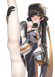 1girl absurdres bare_shoulders black_gloves black_hair black_survival blush breasts double_bun eternal_return:_black_survival gloves hair_bun hat highres jacket jacket_partially_removed leg_grab li_dailin long_hair long_sleeves looking_at_viewer off_shoulder pantyhose simple_background small_breasts smile solo split standing standing_on_one_leg standing_split thighband_pantyhose twintails white_background white_pantyhose yellow_eyes yellow_jacket ziro_(zirorong)