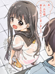 1boy 1girl black_hair blush brother_and_sister brown_eyes brown_sailor_collar brown_serafuku commentary_request dress fukaku-tei full_body highres long_hair looking_back make_heroine_ga_oo_sugiru! neckerchief nukumizu_kaju nukumizu_kazuhiko open_mouth sailor_collar school_uniform serafuku short_sleeves siblings socks speech_bubble squatting tile_floor tiles translation_request very_long_hair wet wet_clothes wet_dress wet_hair white_dress yellow_neckerchief yellow_socks