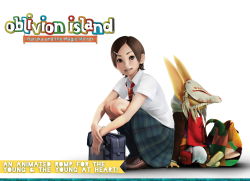 Rule 34 | 1girl, bag, brown eyes, climax entertainment, hottarake no shima haruka to maho no kagami, mask, pointy ears, school bag, school uniform, shadow, smile, squatting