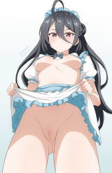1girl absurdres apron apron_lift areola_slip ass audirenze bikini black_hair breasts closed_mouth clothes_lift commentary covered_erect_nipples english_commentary hair_between_eyes highres kimishima_ayano long_hair looking_at_viewer maid_apron maid_headdress no_panties purple_eyes pussy simple_background small_breasts solo swimsuit tokidoki_bosotto_roshia-go_de_dereru_tonari_no_alya-san waist_apron white_background white_bikini