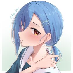 1girl blue_hair blue_shirt blush closed_mouth commentary_request hair_between_eyes hair_ornament hairclip highres love_live! love_live!_superstar!! low_ponytail orange_eyes ponytail rikka006 sailor_collar school_uniform serafuku shirt short_hair short_ponytail solo sweatdrop wakana_shiki white_sailor_collar