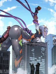 Rule 34 | 1girl, absurdres, ass, bar censor, bent over, blue sky, blush, bodysuit, breast press, breasts, building, censored, city, cloud, colossus (natsukaze shigure), day, destruction, erection, giant, giantess, green eyes, grey hair, hetero, highres, imminent rape, impossible bodysuit, impossible clothes, large breasts, multiple boys, natsukaze shigure, open mouth, original, outdoors, penis, peril, restrained, ruins, short hair, skin tight, sky, skyscraper, solo focus, tentacles