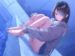 1girl barefoot black_hair blue_eyes blue_skirt blurry blurry_background chain-link_fence closed_mouth feet fence grey_hoodie hair_between_eyes highres hood hoodie jfjf knees_up long_hair long_sleeves looking_at_viewer night original outdoors panties pleated_skirt pool pool_ladder poolside school_uniform sitting skirt smile solo thighs toes tree underwear variant_set white_panties