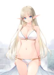 1girl bangle bikini blonde_hair blue_eyes bracelet breasts cleavage collarbone commentary_request earrings elf gold gold_earrings jewelry kirishima_satoshi large_breasts light_smile long_hair navel original pointy_ears solo stone_wall swimsuit very_long_hair waist_cape white_bikini