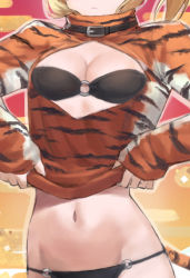 1girl animal_costume animal_print belt_collar bikini black_bikini blonde_hair breasts chinese_zodiac cleavage_cutout closed_mouth clothes_lift clothing_cutout collar cowboy_shot fate/apocrypha fate_(series) female_focus head_out_of_frame long_sleeves mordred_(fate) mordred_(fate/apocrypha) navel o-ring o-ring_bikini shirt_lift small_breasts solo stomach swimsuit tail tiger_costume tiger_print tiger_tail tonee year_of_the_tiger