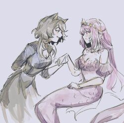 2girls :d alternate_costume animal_ears castorice_(honkai:_star_rail) cat_ears cipher_(honkai:_star_rail) coffee_(icedcaffieships) dress grey_background grey_dress grey_hair holding_hands honkai:_star_rail honkai_(series) long_hair long_sleeves looking_at_another mermaid monster_girl multiple_girls off-shoulder_shirt off_shoulder open_mouth puffy_short_sleeves puffy_sleeves purple_hair shirt short_sleeves simple_background sitting smile tiara very_long_hair yuri