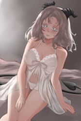1girl absurdres albino bed colored_eyelashes dress highres horns kumiko_kuroshiro_(sarujigu) lingerie looking_at_viewer negligee on_bed original pointy_ears sarujigu short_hair tail underwear white_dress white_eyelashes white_eyes white_hair