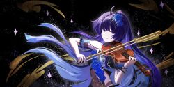 1girl ahoge bare_shoulders flower guitar hair_flower hair_ornament highres holding holding_guitar holding_instrument honkai_(series) honkai_impact_3rd instrument long_hair purple_eyes purple_hair raiden_mei sky smile solo star_(sky) starry_sky upper_body very_long_hair yan_miao