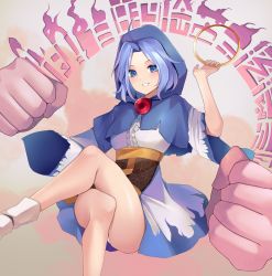 1girl :d absurdres blue_capelet blue_eyes blue_hair capelet clenched_hands crossed_legs dress highres holding holding_jewelry holding_ring hood jewelry kesa koizumo kumoi_ichirin looking_at_viewer open_mouth parted_bangs ring scroll sitting smile thighs touhou unzan white_dress wide_sleeves