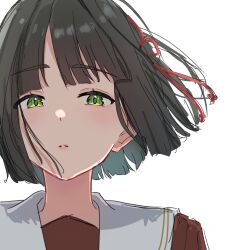 1girl black_hair blunt_bangs blunt_ends brown_dress dress green_eyes hair_ribbon hasu_no_sora_school_uniform highres link!_like!_love_live! looking_at_viewer love_live! medium_hair momose_ginko parted_lips portrait potu_sabu red_ribbon ribbon sailor_collar school_uniform solo white_background white_sailor_collar