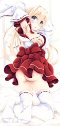 1girl ass blonde_hair blush boldcats feet japanese_clothes kono_subarashii_sekai_ni_shukufuku_wo! leonor_(konosuba) long_hair miko