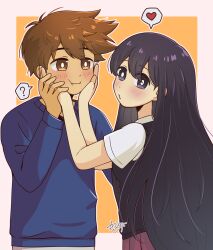 1boy 1girl ? black_eyes black_hair blue_sweater bright_pupils brown_eyes brown_hair collared_shirt dark-skinned_male dark_skin hands_on_another&#039;s_cheeks hands_on_another&#039;s_face heart hero_(faraway)_(omori) hero_(omori) highres long_hair mari_(faraway)_(omori) mari_(omori) omori pleated_skirt red_skirt shirt short_hair short_sleeves skirt speech_bubble spoken_heart spoken_question_mark starlyfnnctn sweater white_pupils white_shirt