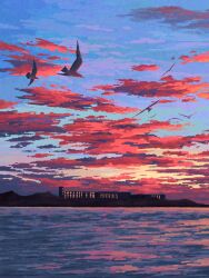absurdres animal bird blue_sky building chinese_commentary city_lights cloud cloudy_sky commentary_request evening fangpeii highres hill landscape mountainous_horizon no_humans ocean orange_clouds original scenery seagull sky sky_focus sunset water