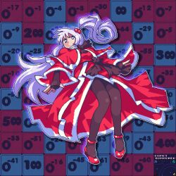 1girl 2048_(game) artist_name black_pantyhose blue_eyes bow breasts capelet comet_summoner98 commentary dress english_commentary hair_bobbles hair_ornament highres infinity_symbol long_hair numbers one_side_up pantyhose pixel_art ribbon shinki_(touhou) solo touhou touhou_(pc-98) white_hair