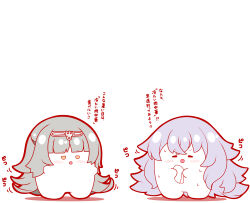 2girls :d absurdres azur_lane blunt_bangs blush closed_eyes graf_zeppelin_(azur_lane) grey_hair hair_between_eyes headpiece highres holding holding_towel kurukurumagical long_hair motion_lines multiple_girls open_mouth shadow simple_background smile standing towel translation_request very_long_hair white_background z46_(azur_lane)
