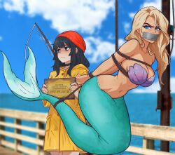 2girls arms_behind_back bare_shoulders bdsm bikini black_choker black_hair blonde_hair blue_eyes bondage bound bound_arms breasts brown_eyes choker cloud coat collarbone fishing fishing_rod gag gagged hat highres hogtie improvised_gag iscreamman001 large_breasts long_hair mermaid monster_girl multiple_girls navel original red_hat shell shell_bikini shibari skindentation sky standing stomach suspension swimsuit tape tape_gag trophy yellow_coat
