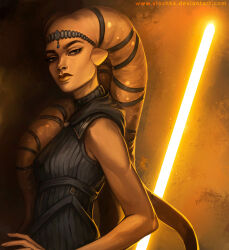 1girl alien artist_name black_sweater colored_skin deviantart_username energy_sword lightsaber looking_at_viewer orange_lightsaber ribbed_sweater sleeveless sleeveless_sweater star_wars sweater sword twi&#039;lek upper_body watermark weapon web_address yellow_skin yioshka
