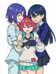 1boy 2girls amate_yuzuriha blue_hair blush boy_and_girl_sandwich closed_eyes collared_shirt commentary_request cowboy_shot daoshitaka group_hug gundam gundam_gquuuuuux highres hug jacket long_hair long_sleeves multiple_girls necktie nyaan_(gundam_gquuuuuux) open_mouth red_hair red_necktie sandwiched school_uniform shirt short_hair shuji_ito simple_background skirt smile striped_necktie sweater two-tone_necktie white_background