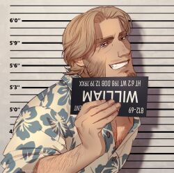 1boy arm_hair bara barbie_mugshot_(meme) character_name chest_hair facial_hair goatee grin hairy height_mark highres holding holding_sign kasper_artz large_pectorals light_brown_hair male_focus mature_male meme mugshot mutton_chops original parted_bangs partially_unbuttoned pectoral_cleavage pectorals short_hair sign smile solo thick_eyebrows upper_body william_(kasper)