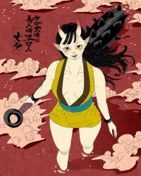Rule 34 | 1girl, absurdres, aqua sash, artist name, black hair, bracelet, breasts, brown eyes, center opening, cleavage, club, club (weapon), collarbone, demon girl, highres, holding, holding club, holding weapon, horns, japanese clothes, jewelry, kimono, long hair, looking at viewer, obi, oita prefecture, oni, open mouth, original, sash, sei5osuzuki, skin-covered horns, solo, spiked club, translated, wading, weapon, yellow kimono