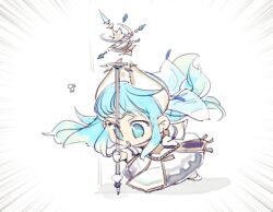 blue_hair chibi emphasis_lines etain_(mabinogi) gloves holding holding_wand holding_weapon long_hair lowres mabinogi multicolored_hair rian_(bdl) robe two-tone_hair wand weapon