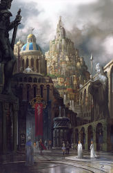 banner blonde_hair book building cape castle city cloud cloudy_sky courtyard dated fantasy fountain hill holding holding_book hood long_hair night noba original palace polearm robe signature skirt sky spear statue sword water waterfall weapon