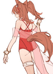 1girl absurdres angelina_(arknights) angelina_(summer_flower)_(arknights) animal_ears arknights bare_shoulders bracelet brown_hair casual_one-piece_swimsuit criss-cross_halter fox_ears fox_girl fox_tail from_behind from_below hair_ribbon halterneck hand_up highres jewelry long_hair looking_at_viewer official_alternate_costume one-piece_swimsuit red_eyes red_one-piece_swimsuit red_ribbon ribbon simple_background solo spaghetti_strap swimsuit tail thigh_strap twintails white_background whitebuckleqwq