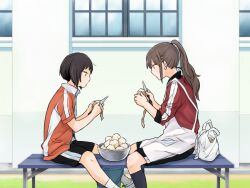 2girls apron black_shorts black_socks bowl brown_hair game_cg holding holding_knife jacket knife komano_hina long_hair multiple_girls non-web_source okujou_no_yurirei-san on_bench orange_jacket outdoors pe88y_(yu_tsugirls) peeling ponytail potato red_jacket short_hair shorts socks toomi_yuna track_jacket white_apron white_socks window