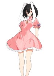 Rule 34 | 1girl, absurdres, animal ears, arms behind back, bare legs, black hair, carrot necklace, double-parted bangs, dress, feet out of frame, floppy ears, frilled dress, frills, hair between eyes, highres, inaba tewi, jewelry, medium hair, necklace, parted lips, pendant, pink dress, puffy short sleeves, puffy sleeves, rabbit ears, rabbit girl, red eyes, ribbon-trimmed sleeves, ribbon trim, short sleeves, solo, touhou, unanooo (fthx7532), white background