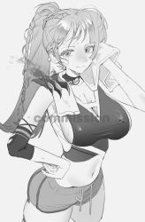 1girl breasts cleavage closed_mouth commission cowboy_shot dikke_(reverse:1999) dikke_(the_pointy_end_up)_(reverse:1999) disembodied_hand dolphin_shorts elbow_pads greyscale hamra_(hamcommis) hand_on_own_hip hand_up highres holding holding_towel large_breasts long_hair looking_at_viewer midriff monochrome navel official_alternate_costume ponytail reverse:1999 shorts sideboob single_elbow_pad smile solo sweat tank_top towel watermark white_background wiping_sweat