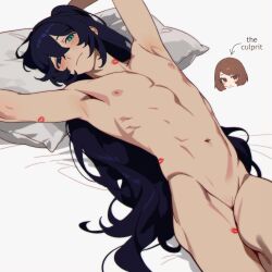 1boy 1girl bare_pectorals blush bob_cut brown_eyes brown_hair chibi chibi_inset cuntboy english_text half_updo heterochromia highres hong_lu_(project_moon) limbus_company lipstick_mark long_hair lying moony_(past_desiderium) navel nipples nude oc_x_canon on_back on_bed past_desiderium pectorals pillow project_moon pussy sidelocks smile thighs toned toned_male