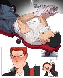 Rule 34 | 2boys, absurdres, bara, black hair, black jacket, blush, closed eyes, closed mouth, fatcat, gloves, grey jumpsuit, highres, holding, holding wrench, jacket, jumpsuit, large pectorals, lying, male focus, mechanic, mito youhei, multiple boys, muscular, muscular male, on back, open clothes, open jacket, open mouth, pectorals, red hair, sakuragi hanamichi, shirt, short hair, slam dunk (series), smile, twitter username, waving, white gloves, white shirt, wrench, yaoi