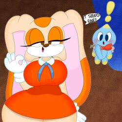 1boy 1girl 3barts blue_eyes blue_skin blush bouncing_penis bow bowtie breasts brown_eyes chao_(sonic) cheese_(sonic) colored_skin cream_the_rabbit curvy dress eyelashes gloves hand_gesture highres large_breasts looking_at_viewer bad_tag multicolored_skin ok_sign orange_dress rabbit_ears rabbit_girl seductive_gaze seductive_smile simple_background smile sonic_(series) standing talking talking thick_thighs thighs wings