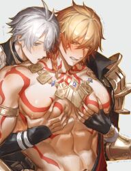 2boys absurdres antenna_hair arm_tattoo armor bare_pectorals black_choker blonde_hair blue_eyes braid chest_tattoo choker facial_tattoo fingerless_gloves gloves gold_armlet gold_necklace gradient_hair hair_between_eyes highres honkai:_star_rail honkai_(series) jewelry large_pectorals looking_at_another male_focus matuka10101 medium_hair multicolored_hair multiple_boys muscular muscular_male mydei_(honkai:_star_rail) neck_tattoo necklace nipples open_clothes pauldrons pectoral_grab pectorals phainon_(honkai:_star_rail) red_tattoo short_hair shoulder_armor side_braid simple_background single_pauldron sun_symbol sun_tattoo tan tattoo white_background white_hair yaoi yellow_eyes