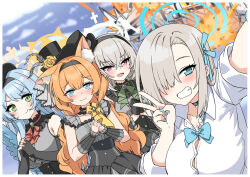 172cm 4girls animal_ears asuna_(blue_archive) asuna_(school_uniform)_(blue_archive) blonde_hair blue_archive blue_eyes blue_hair blue_nails blue_wings blush breasts cat_ears explosion flower geburah_(blue_archive) green_eyes grey_hair grin hair_over_one_eye halo hat hat_flower large_breasts long_hair mari_(blue_archive) mari_(idol)_(blue_archive) mine_(blue_archive) mine_(idol)_(blue_archive) mini_hat mini_top_hat multiple_girls orange_hair own_hands_together pink_eyes sakurako_(blue_archive) sakurako_(idol)_(blue_archive) selfie shirt smile top_hat v white_shirt wings