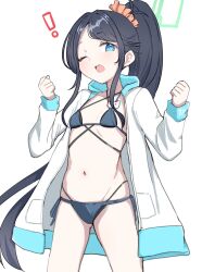 ! 1girl aris_(blue_archive) blue_archive blue_eyes blush breasts clenched_hands commentary_request cosplay green_halo hair_ornament hair_scrunchie halo highres jacket kaito_(kaito921125) kikyou_(blue_archive) kikyou_(blue_archive)_(cosplay) long_hair looking_at_viewer navel one_eye_closed open_clothes open_jacket open_mouth orange_scrunchie ponytail scrunchie simple_background small_breasts solo standing very_long_hair white_background white_jacket