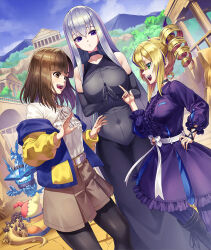 3girls bare_shoulders black_pantyhose blue_jacket breasts brown_eyes brown_hair brown_shorts close_(digimon) digimon digimon_(creature) digimon_card_game digimon_liberator dress drill_hair elbow_gloves ghostmon gloves green_eyes grey_hair group_picture jacket kazuki_seihou kinosaki_arisa large_breasts long_hair medium_breasts medium_hair multicolored_hair multiple_girls off_shoulder official_art pantyhose purple_eyes purple_hair shirt shoemon shorts sleeveless sleeveless_dress streaked_hair sunarizamon twin_drills two-tone_hair violet_inboots white_gloves white_shirt yellow_jacket