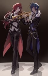 2boys antenna_hair belt belt_buckle black_belt black_gloves black_jacket black_pants black_ribbon black_shoes blue_eyes blue_hair bow_(music) bracelet buckle cleavage_cutout closed_mouth clothing_cutout coattails collared_shirt commentary crossed_bangs dark-skinned_male dark_skin diluc_(genshin_concert)_(genshin_impact) diluc_(genshin_impact) earrings expressionless fur-trimmed_jacket fur_trim genshin_impact gloves hair_between_eyes hair_over_shoulder hair_ribbon hands_up highres holding holding_bow_(music) holding_instrument holding_trumpet holding_violin instrument jacket jewelry kaeya_(genshin_concert)_(genshin_impact) kaeya_(genshin_impact) kn_(akairo0530) lapels long_hair long_sleeves low_ponytail male_focus multicolored_hair multiple_boys music necktie open_clothes open_jacket pants parted_bangs playing_instrument ponytail red_eyes red_gloves red_hair red_necktie ribbon shadow shirt shoes sidelocks sleeve_cuffs spiked_bracelet spikes standing streaked_hair thigh_strap trumpet two-tone_gloves vest violin white_shirt white_vest wing_collar