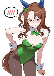 Rule 34 | 1girl, animal ear hairband, animal ears, black pantyhose, bow, bowtie, breasts, brown hair, detached collar, ear covers, fake animal ears, green bow, green bowtie, green leotard, hairband, hand on own hip, horse ears, horse girl, horse tail, king halo (umamusume), large breasts, leotard, long hair, nontraditional playboy bunny, pantyhose, rabbit tail, simple background, solo, spoken blush, strapless, strapless leotard, tail, umamusume, white background, wrist cuffs, yuki no14