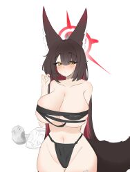 Rule 34 | 1boy, 1girl, absurdres, animal ear fluff, animal ears, bare shoulders, black panties, blue archive, blush, breasts, brown hair, chest sarashi, closed mouth, collarbone, colored inner hair, fox ears, fox girl, fox tail, halo, highleg, highleg panties, highres, huge breasts, multicolored hair, panties, red hair, red halo, sarashi, sweat, tail, two-tone hair, underwear, underwear only, wakamo (blue archive), wakamo loverr, yellow eyes