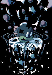 air_bubble autumn_leaves black_background bobby_(paper_mario) bomb bubble commentary_request dissolving explosive green_shoes highres kanilemon leaf mario_(series) nintendo no_humans paper_mario paper_mario:_the_origami_king ripples shoes simple_background solid_oval_eyes solo standing triangle white_eyes winding_key