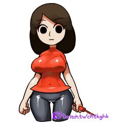 Rule 34 | 1girl, black eyes, black hair, black pants, breasts, brown hair, clenched hands, closed mouth, covered navel, cowboy shot, cropped legs, expressionless, guest mii, highres, holding, jaggy lines, large breasts, long hair, looking at viewer, medium hair, mii (nintendo), minuspal, navel, nintendo, no nose, no pupils, pants, parted bangs, red shirt, shiny clothes, shirt, short sleeves, simple background, skin tight, solo, standing, swept bangs, thigh gap, thighs, tight clothes, twitch.tv, username, white background, wii sports